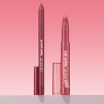 ColourPop Got Pink? Lippie Stix + Pencil Set showing a rosy mauve lip pencil and matching Lippie Stix standing uncapped with translucent pink caps beside them on a light shelf against a pink gradient background; ColourPop Lippie Stix + Pencil Set.